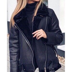 ZARA FAUX LEATHER SHEARLING FUR DOUBLE-FACED BIKER JACKET AVIATOR COAT Sz Large